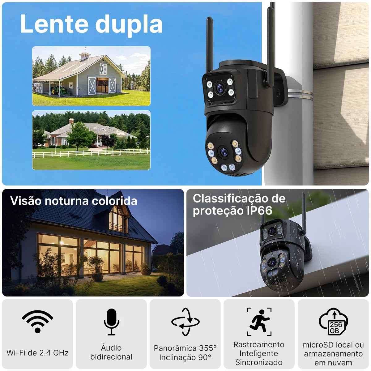 Câmera de Segurança Wi-Fi P2 PTZ com Lente Dupla